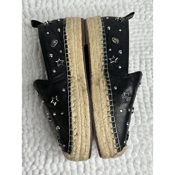 REBECCA MINKOFF Espadrille Shoes Sz 6.5M Black Silver Moons Stars Studs Flats - Picture 6 of 9